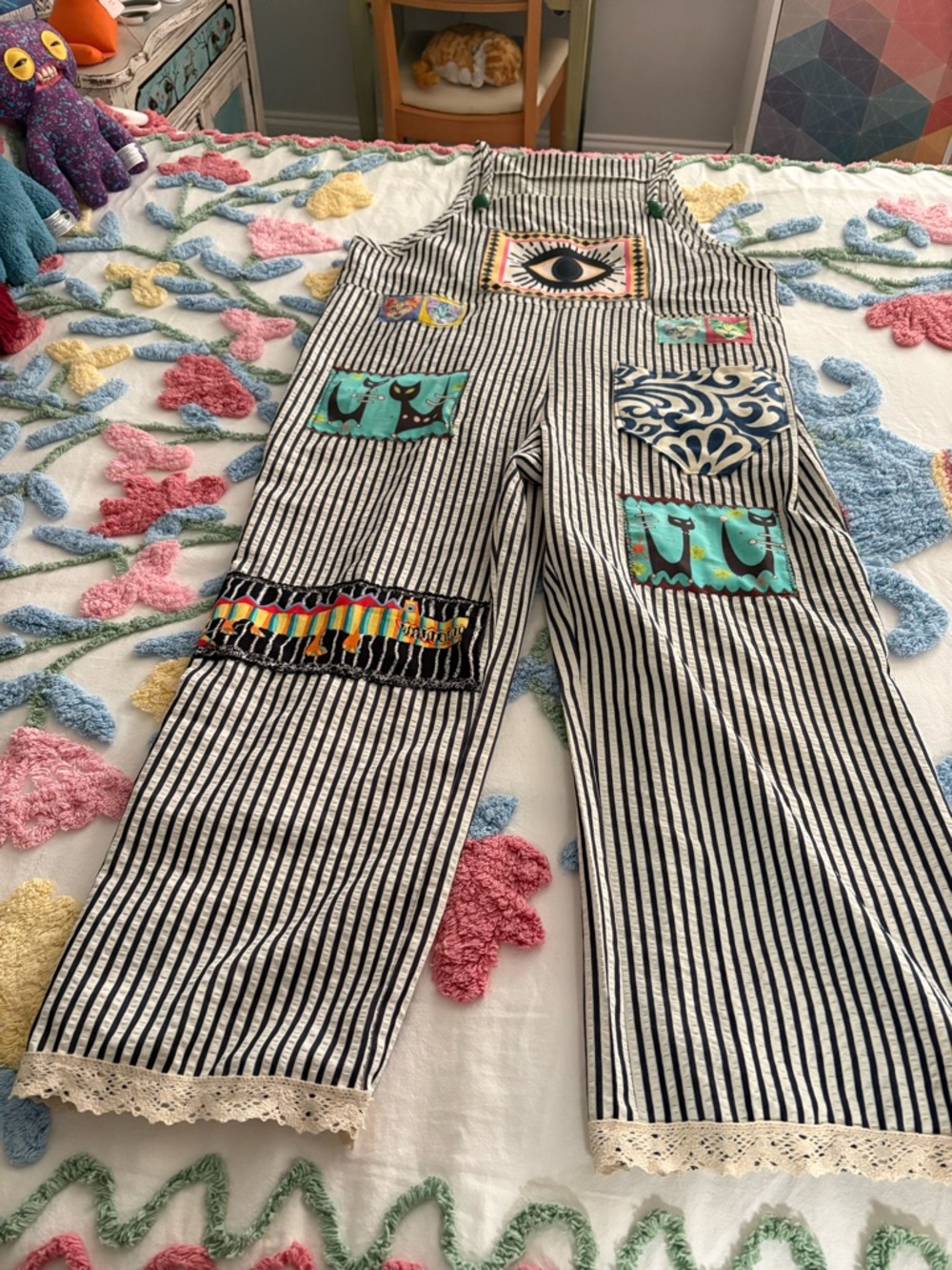 Artsy seersucker summer overalls Large